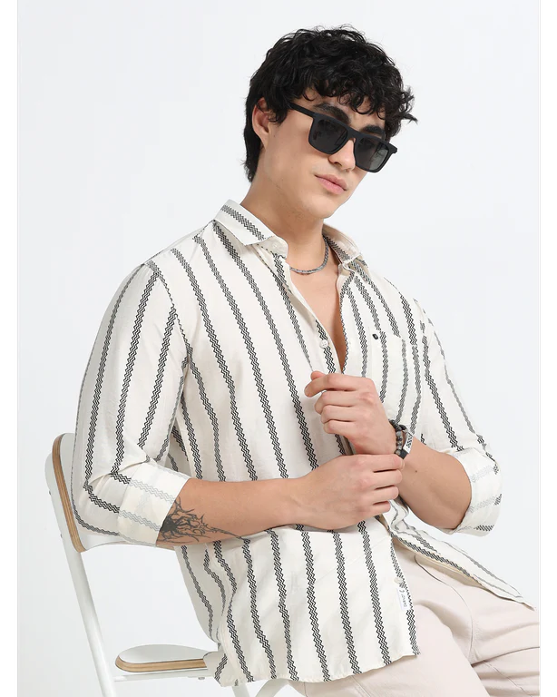 Men Striped Long Sleeve Casual Polo Shirt