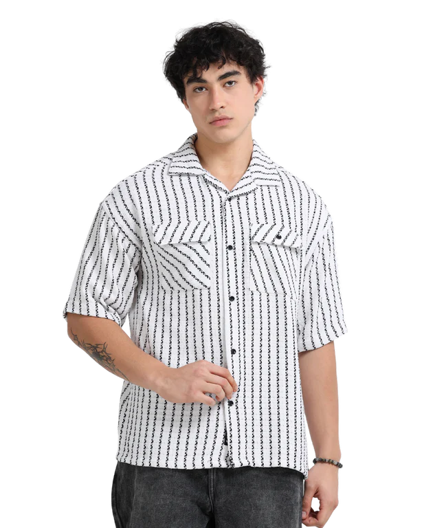 Men Striped Short Sleeve Casual Drop Shoulder Shirt