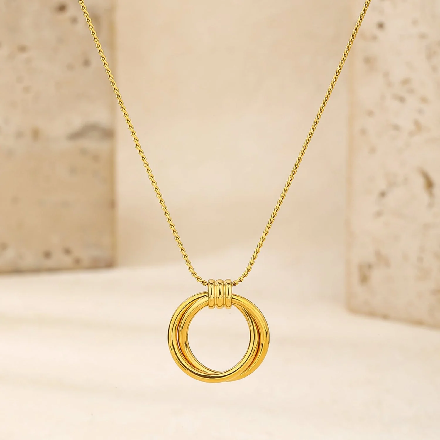 Minimalist Gold Necklace With Triple Ring Pendant