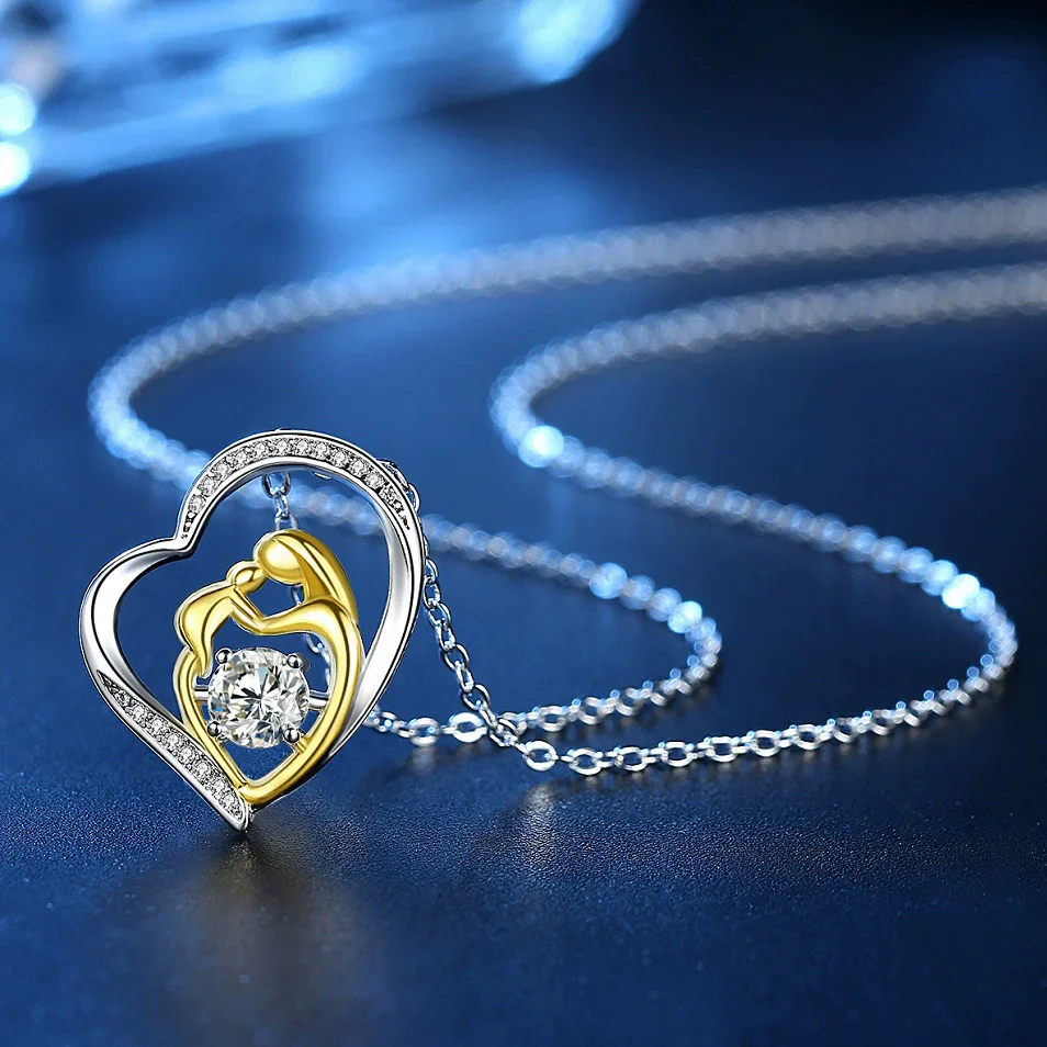 Mother Child Heart Pendant Necklace With Diamond Accent Gold Silver Dual Tone Design