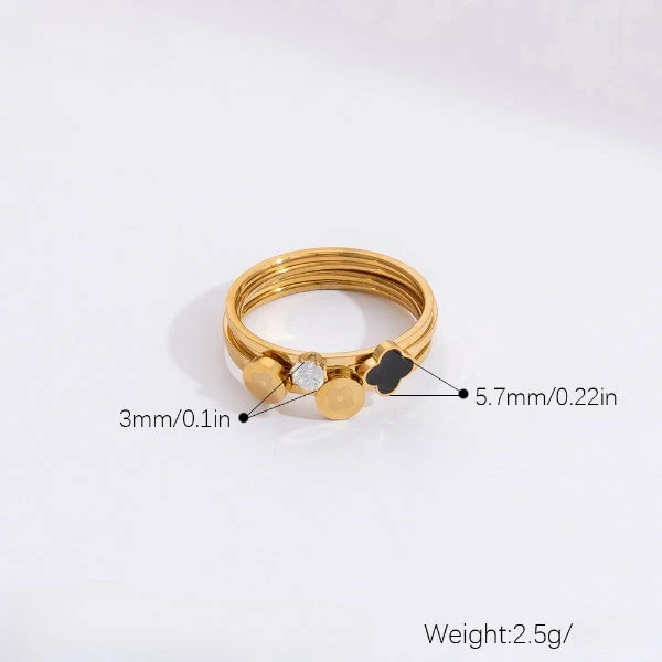 Multi Layer Double Floral Black Enamel Gold Ring