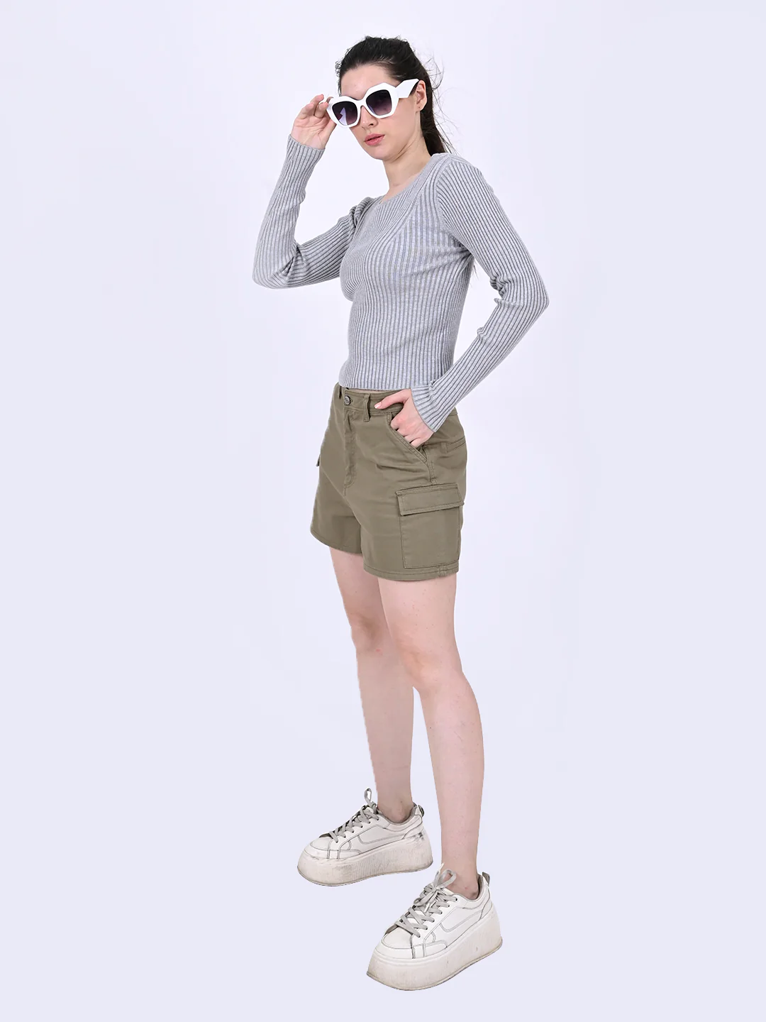 Women Dark Green Cargo Shorts - Image 2
