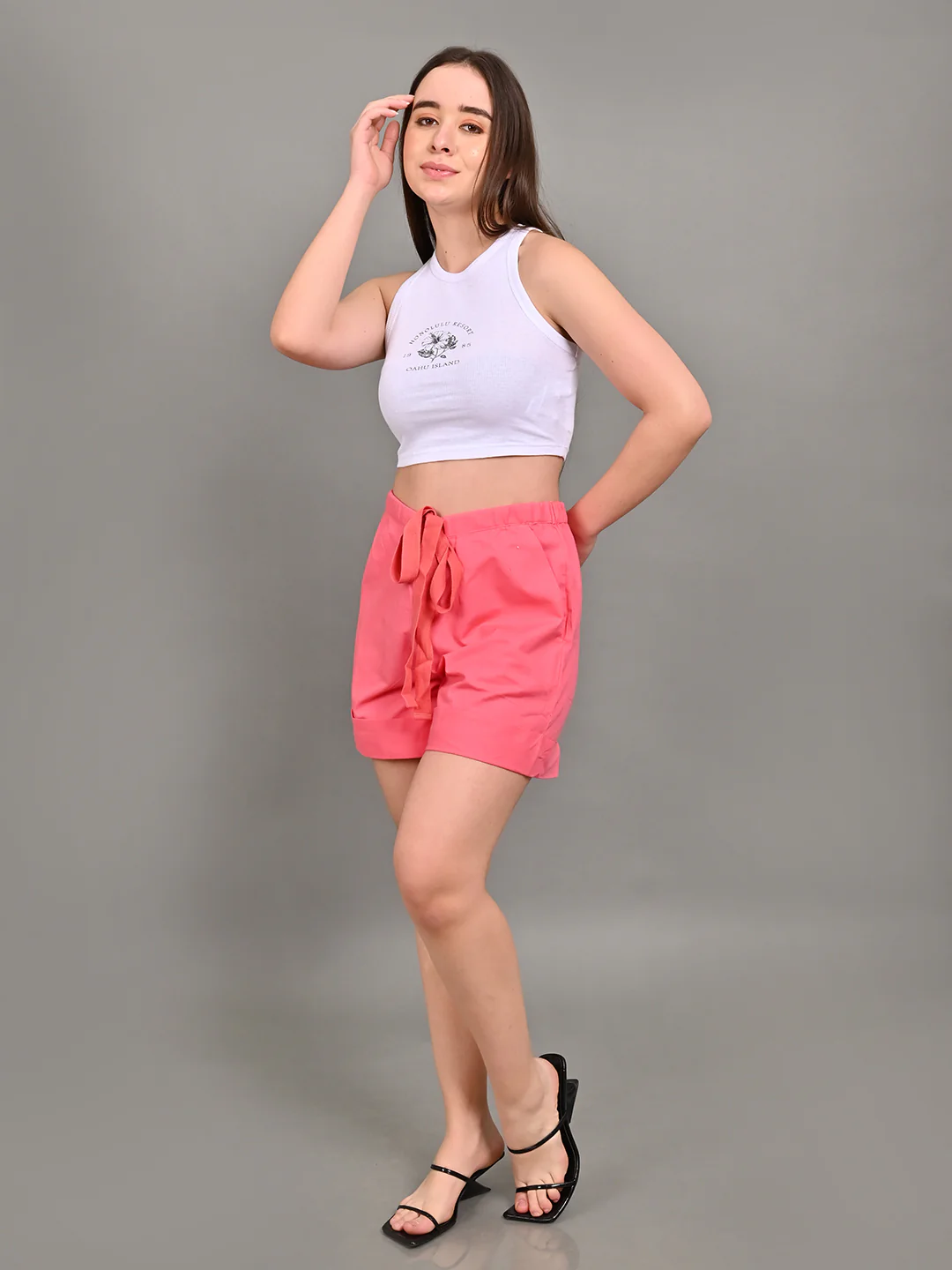 Women Dark Pink Elastic Waist Shorts - Image 6