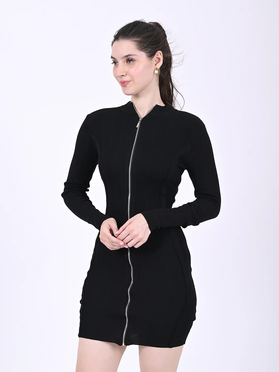 Women Black Long Sleeve Bodycon Dress - Image 2