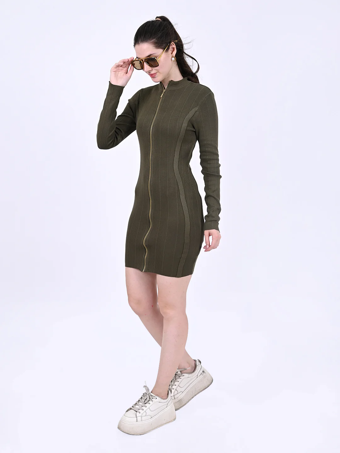 Women Green Front Zip Bodycon Dress - Image 6