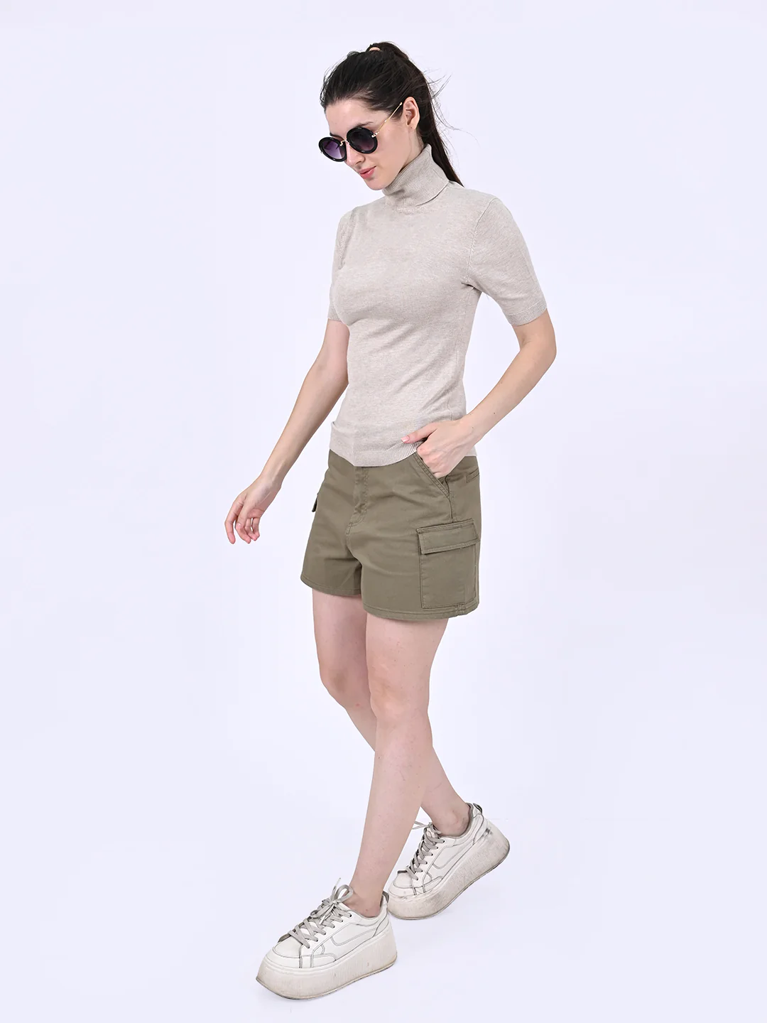 Women Beige High Neck Top - Image 6