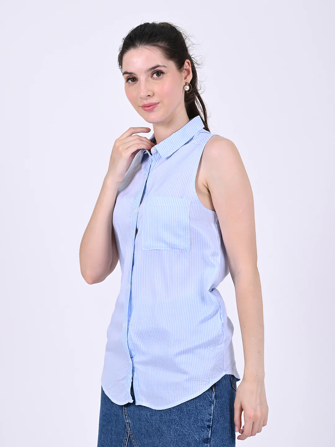 Women Blue & White Striped Tank - Image 2