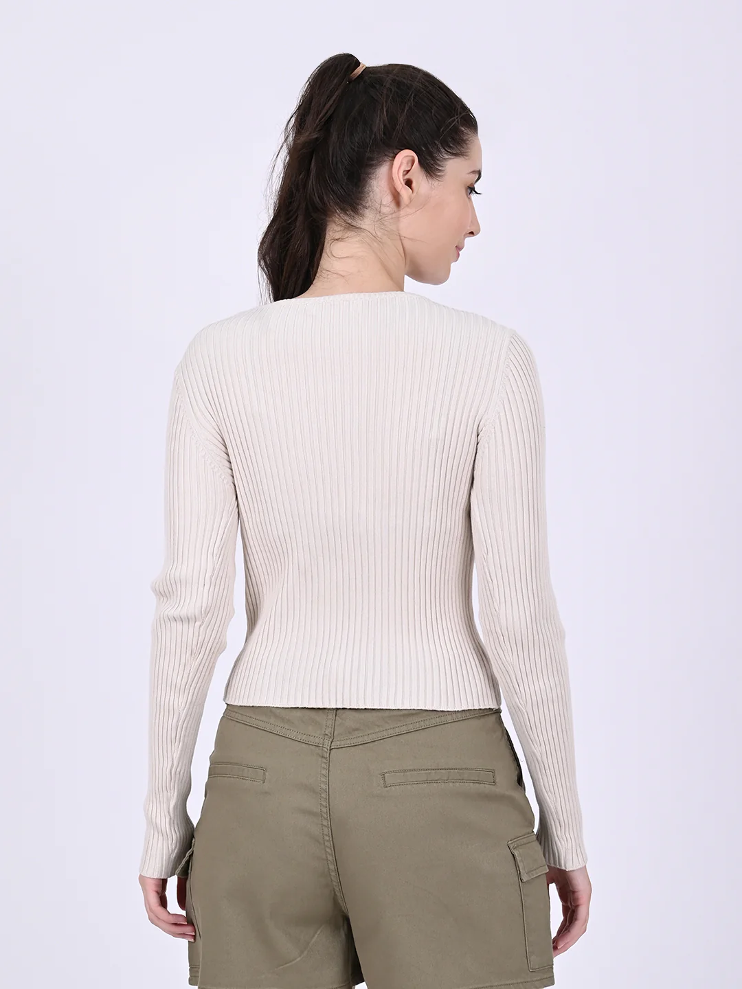 Women Cream Ribbed Top - Image 4