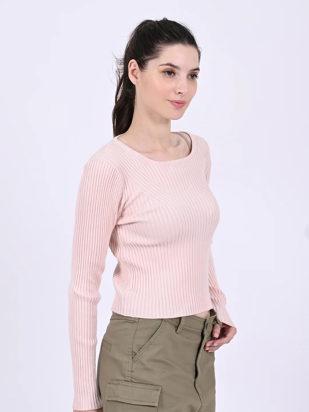 Women Pink Ribbed Top - Image 3