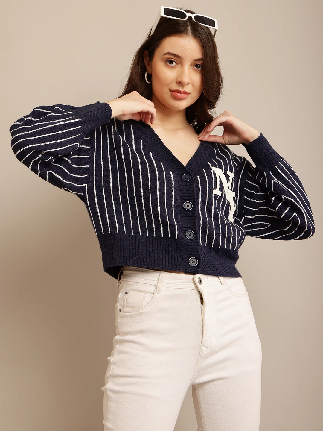 Women Dark Blue Striped Cardigan - Image 2