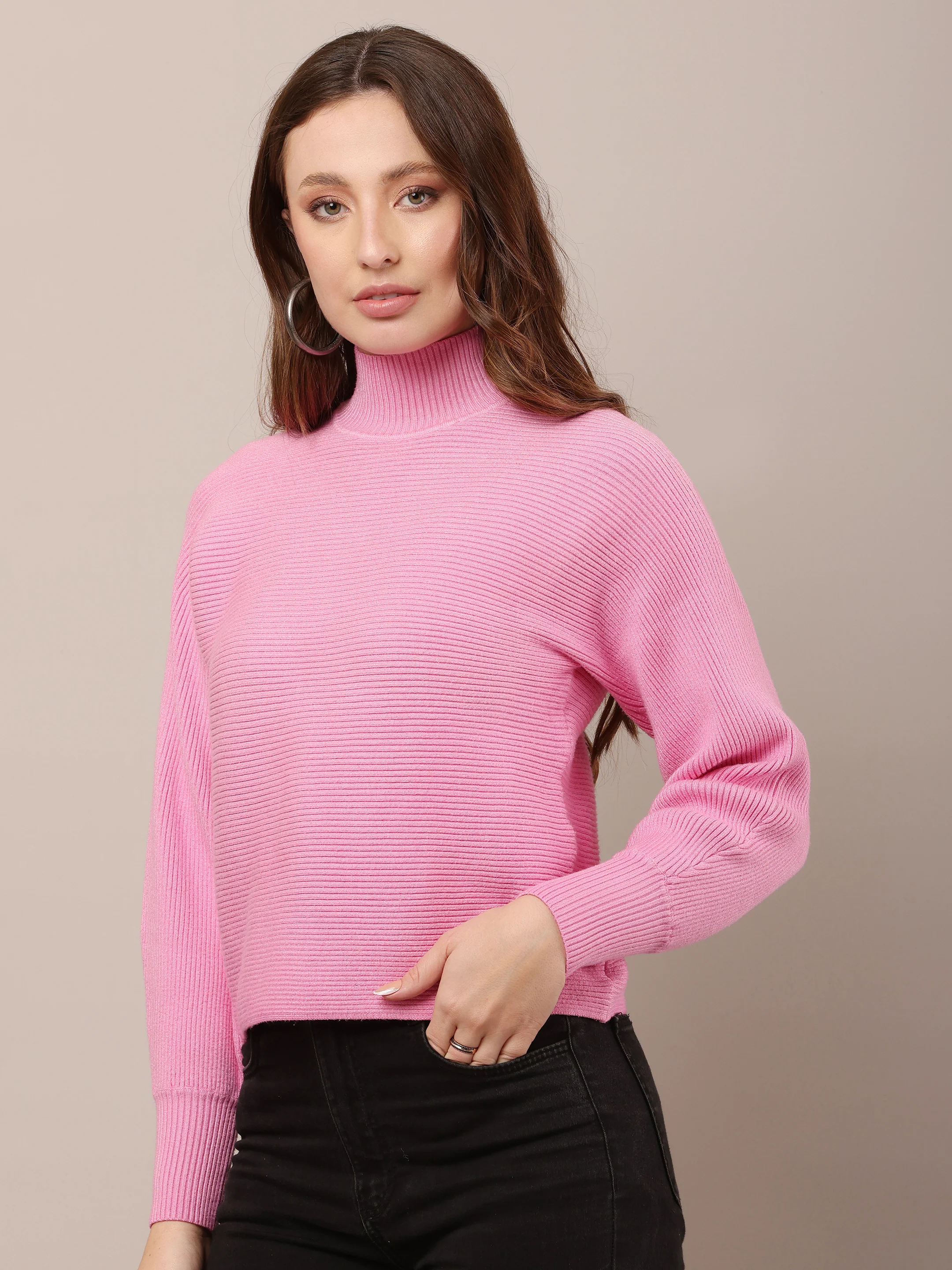 Women Acrylic Drop Shoulder Pink sweater - Image 2
