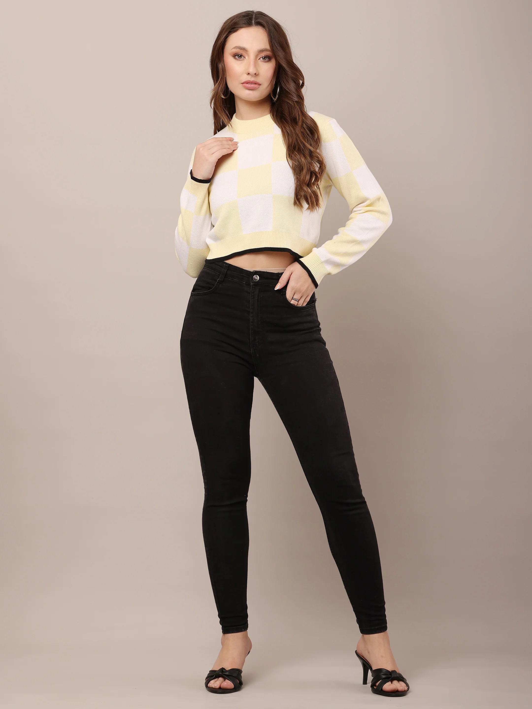 Women Acrylic White & Yellow Checks Sweater - Image 3