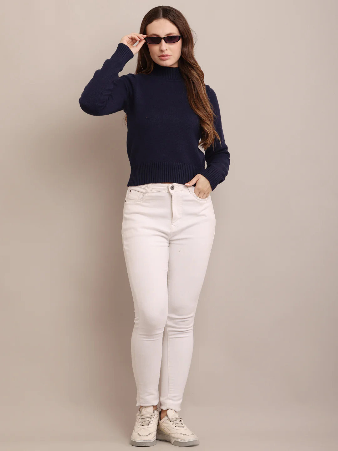 Women Acrylic  Ribbed Dark Blue Sweater - Image 3