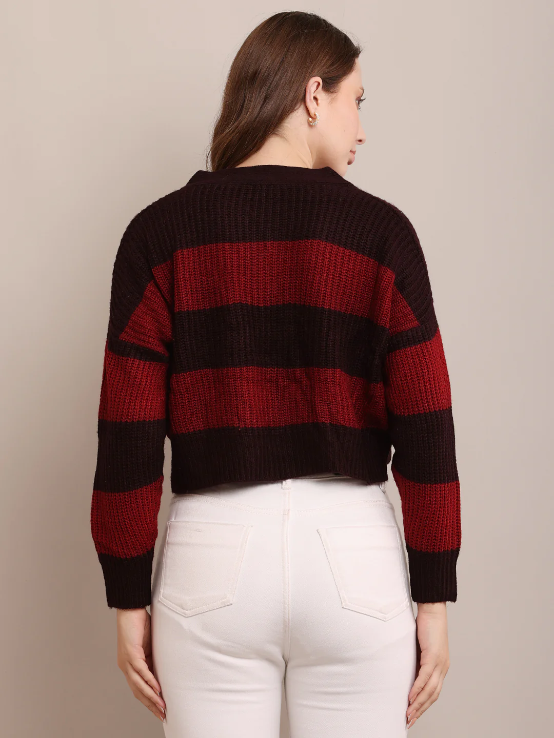 Women Acrylic Cropped Maroon Cardigan - Image 4
