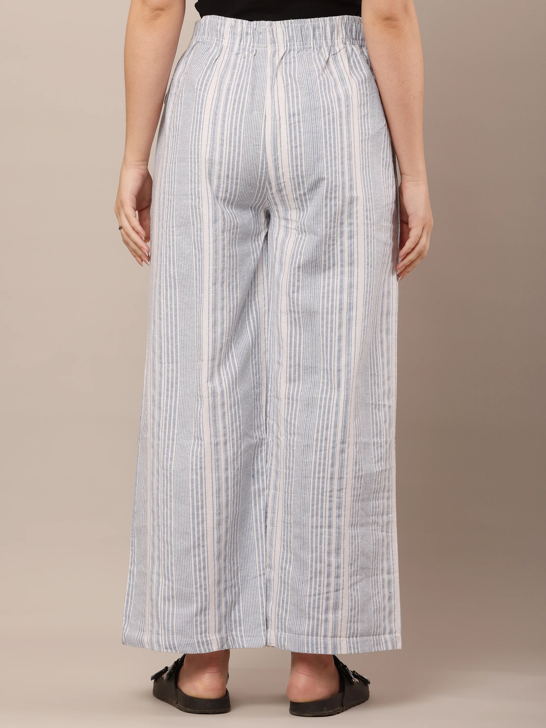 Women Cotton Blue & White Striped Pants - Image 4