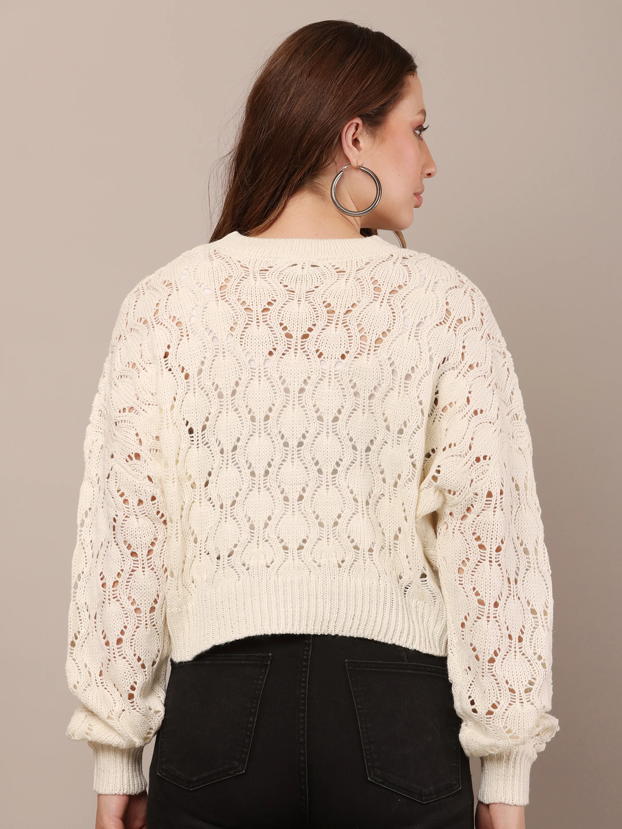 Women Cotton Drop Shoulder White Crochet Sweater - Image 4