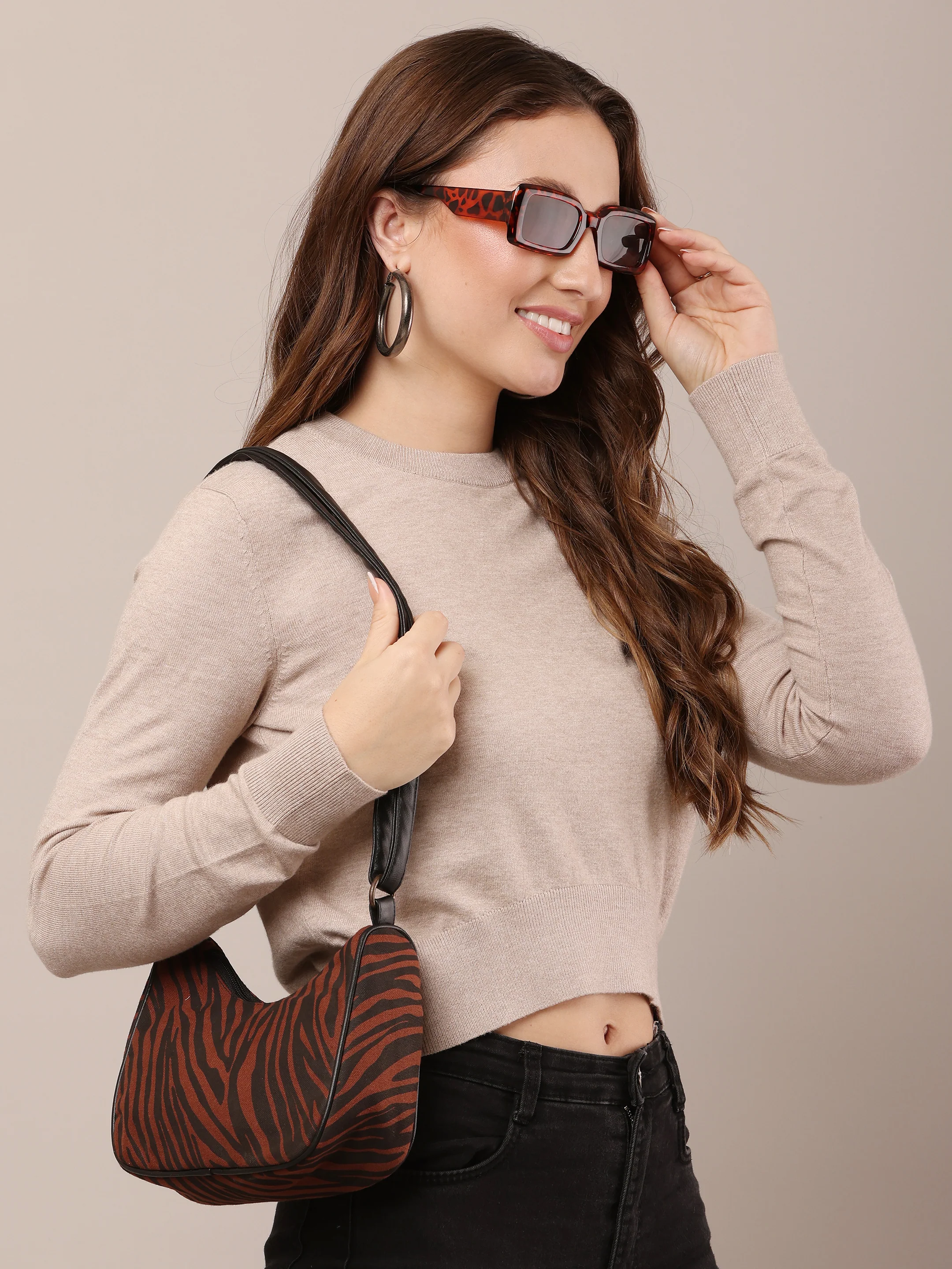 Women Cotton Cropped Beige Sweater - Image 2