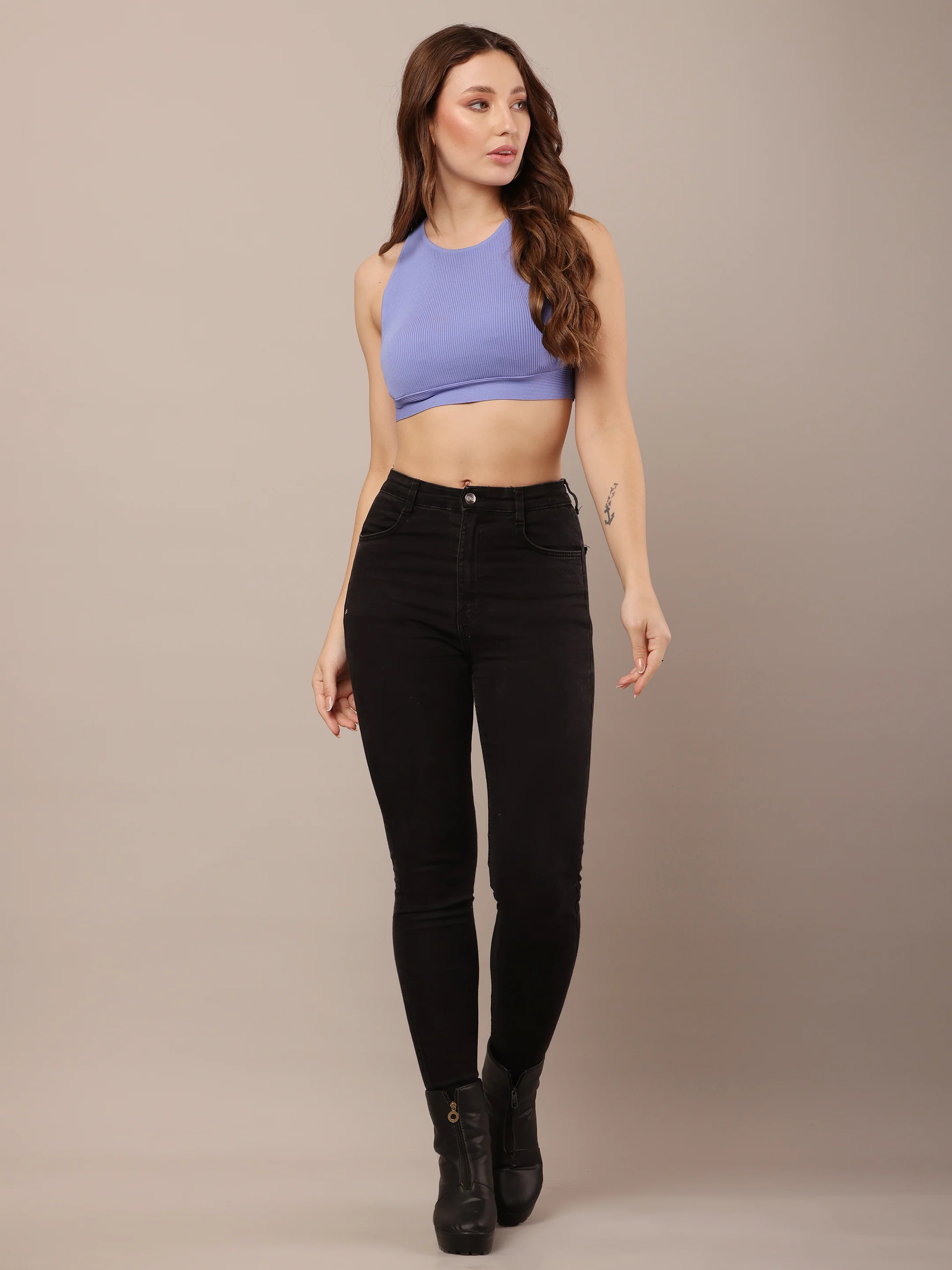 Women Nylon Ribbed Blue Fitted Crop Top - Image 3
