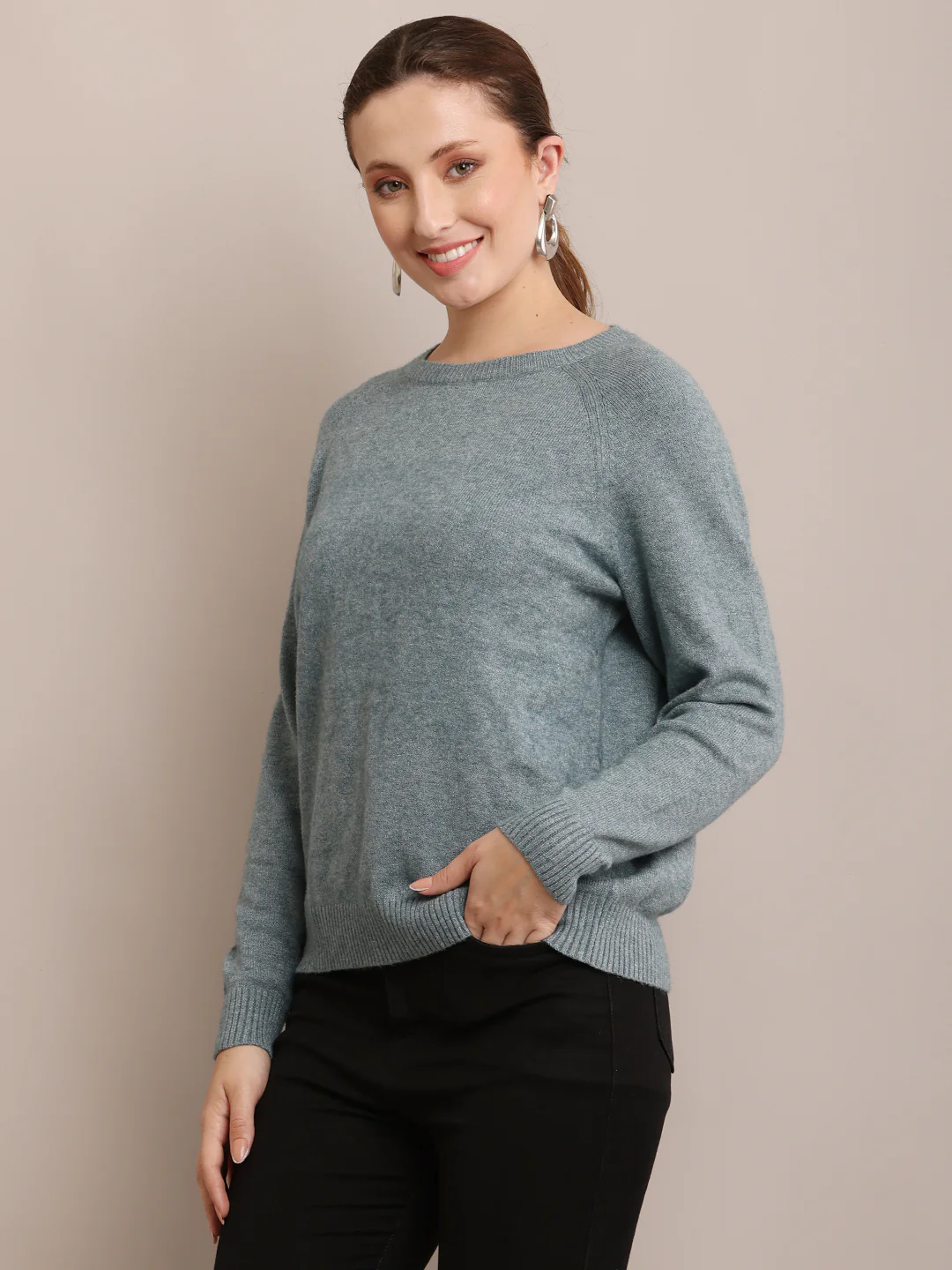 Women Polyester Full Sleeve Sea Green Sweater - Image 2