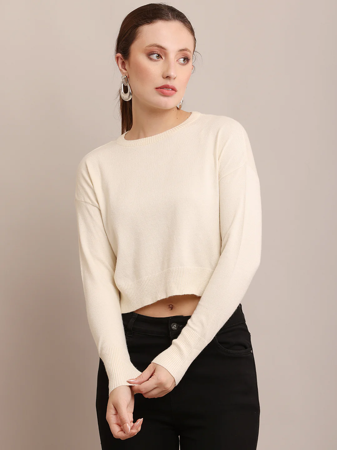 Women Viscose Crop Cream Sweater - Image 2