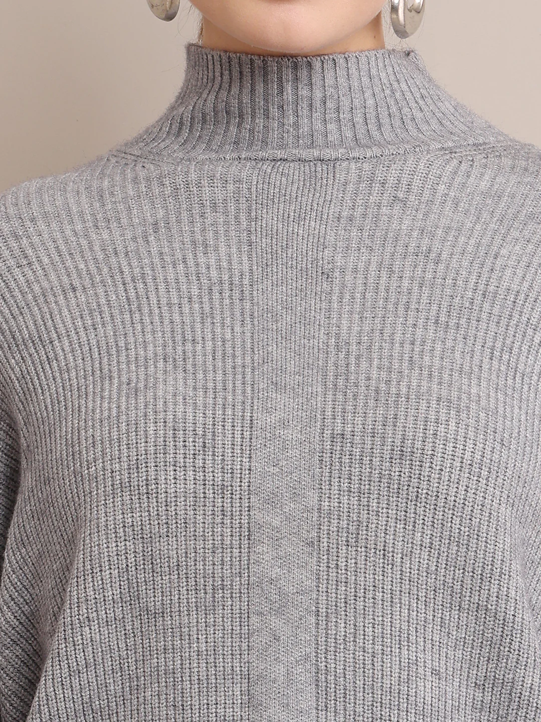 Women Viscose Full Sleeve Ribbed Grey Sweater - Image 5