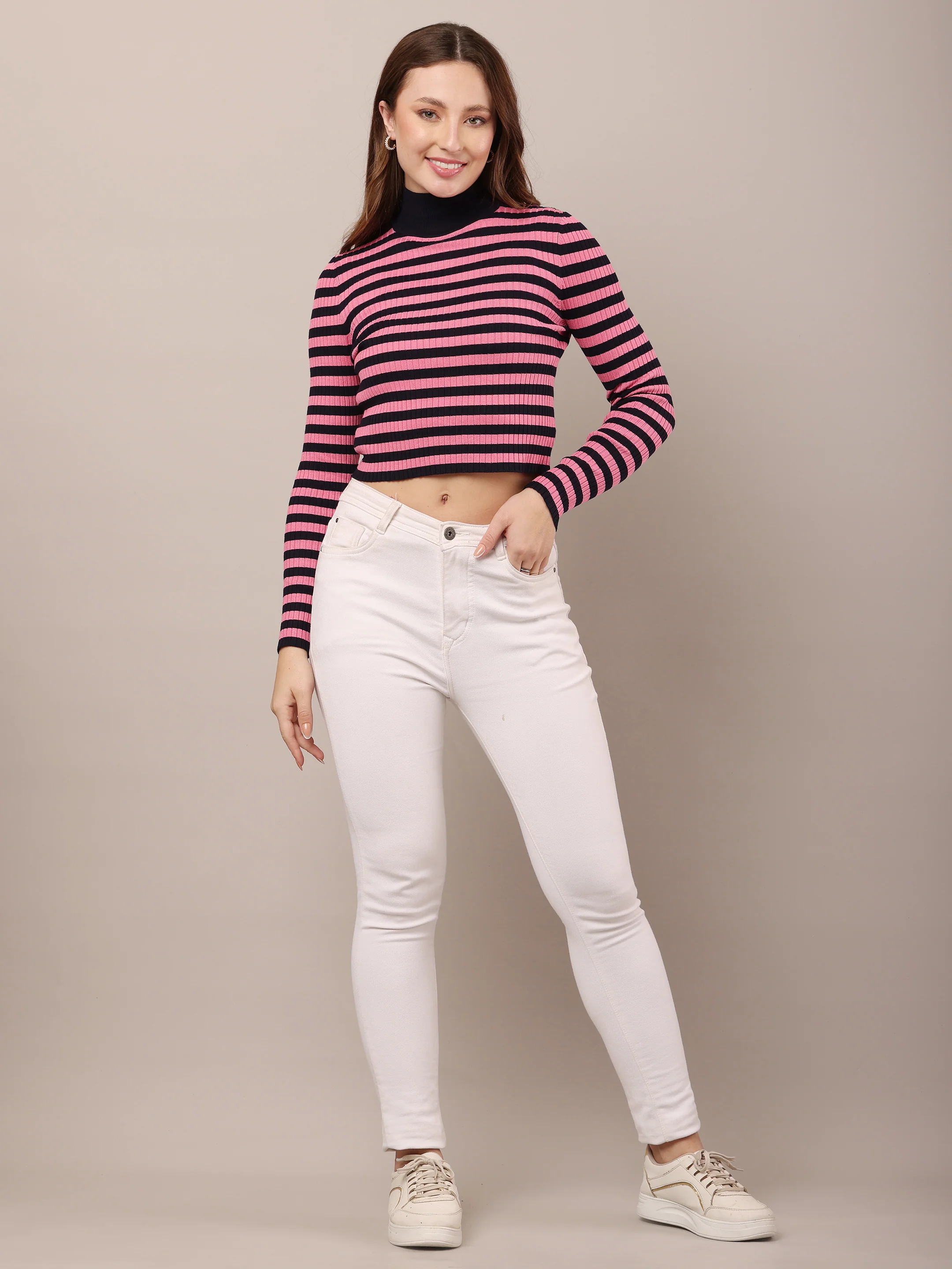 Women Viscose Striped Pink Sweater - Image 3