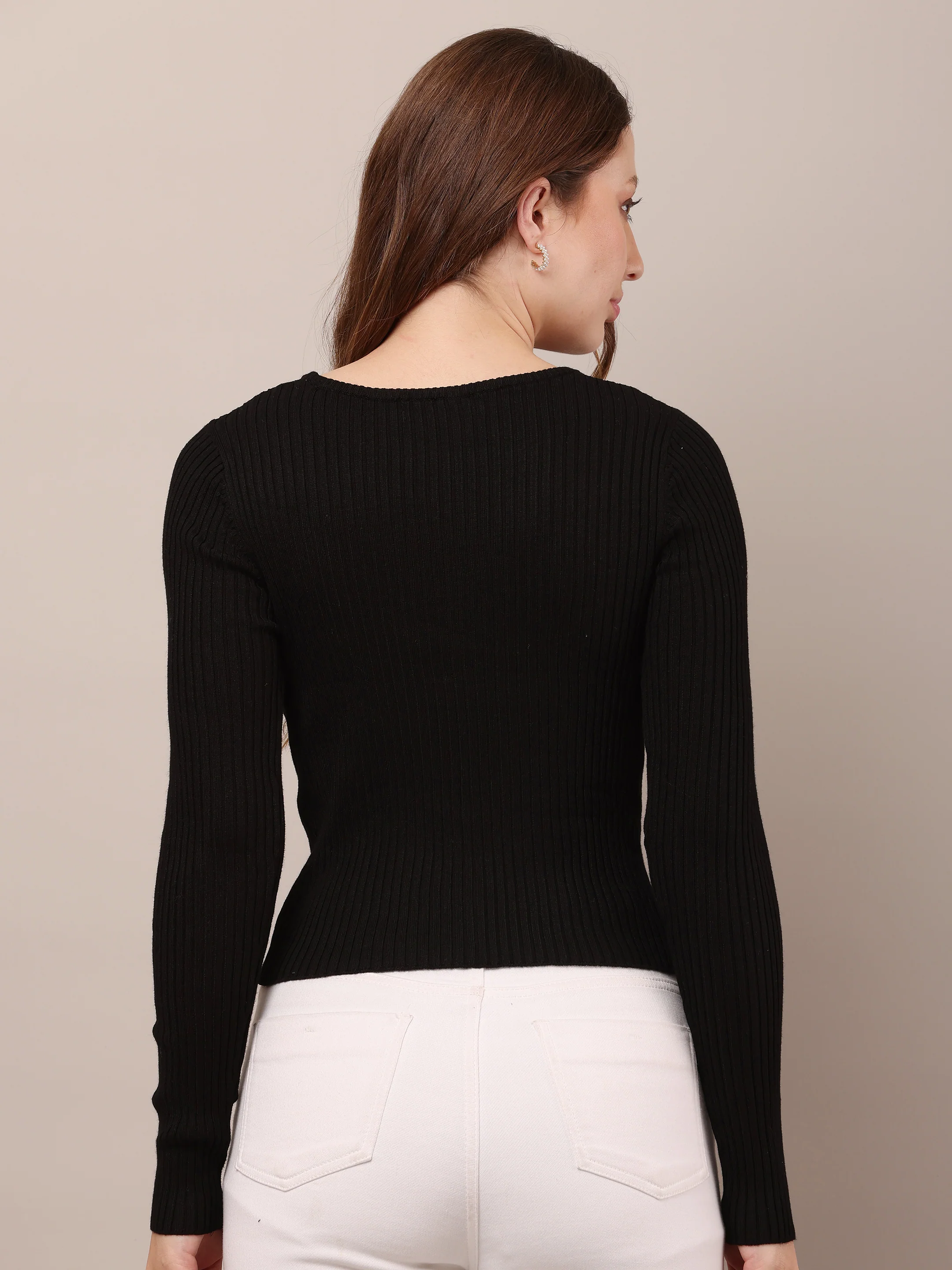 Women Viscose Fitted Ribbed Black Top - Image 4