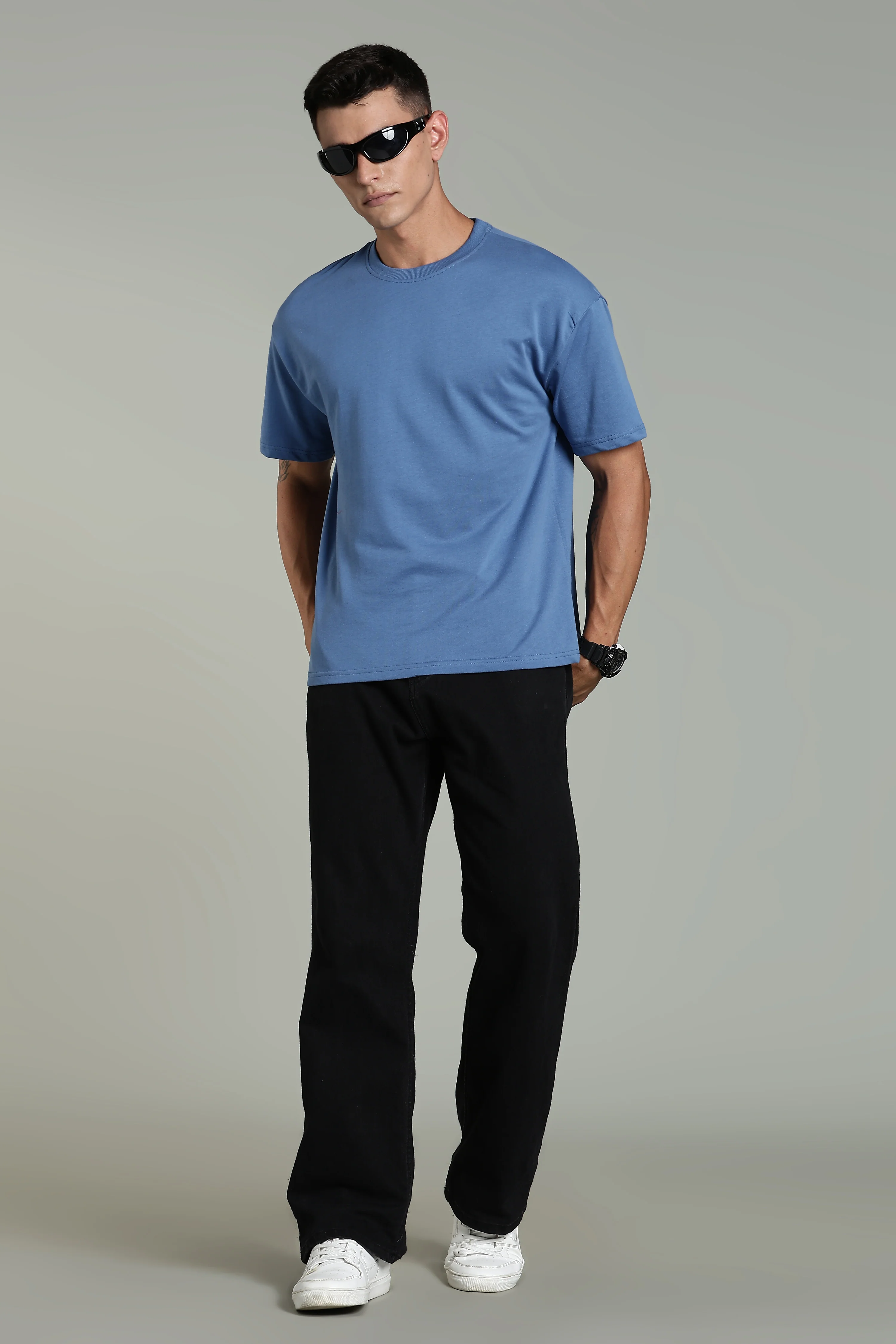 Men Blue Cotton Oversized T-Shirt - Image 2