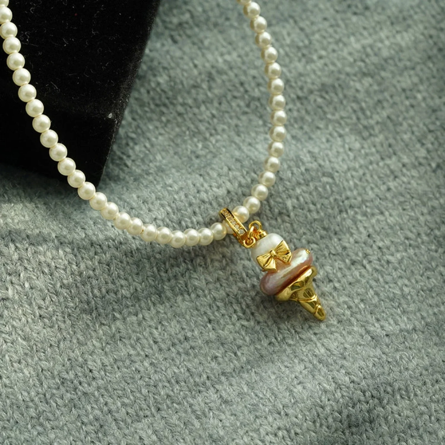 Pearl Beaded Necklace With Golden Ice Cream Cone Pendant