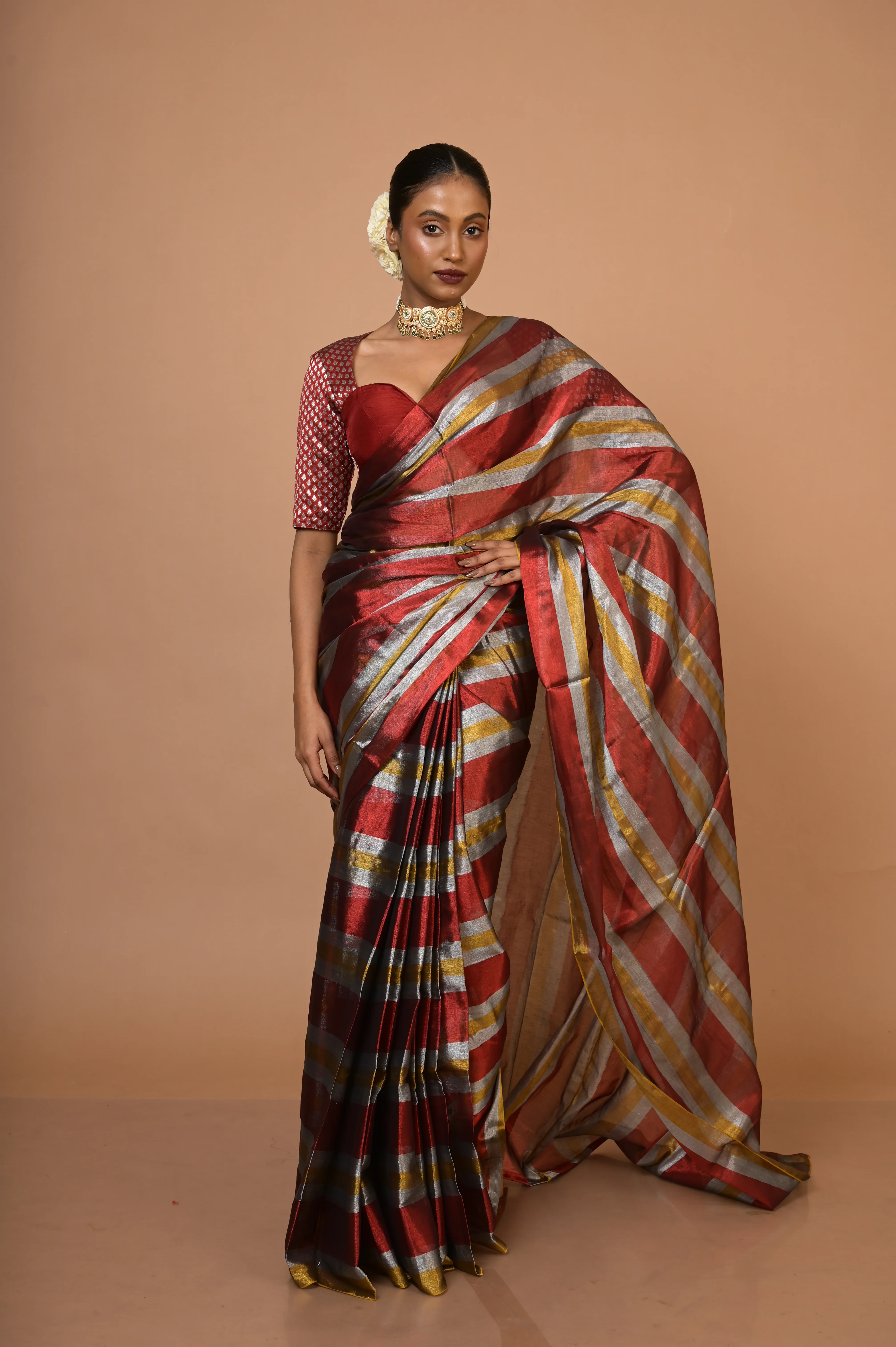 Prathamika Multicolour Striped Handloom Tissue Saree