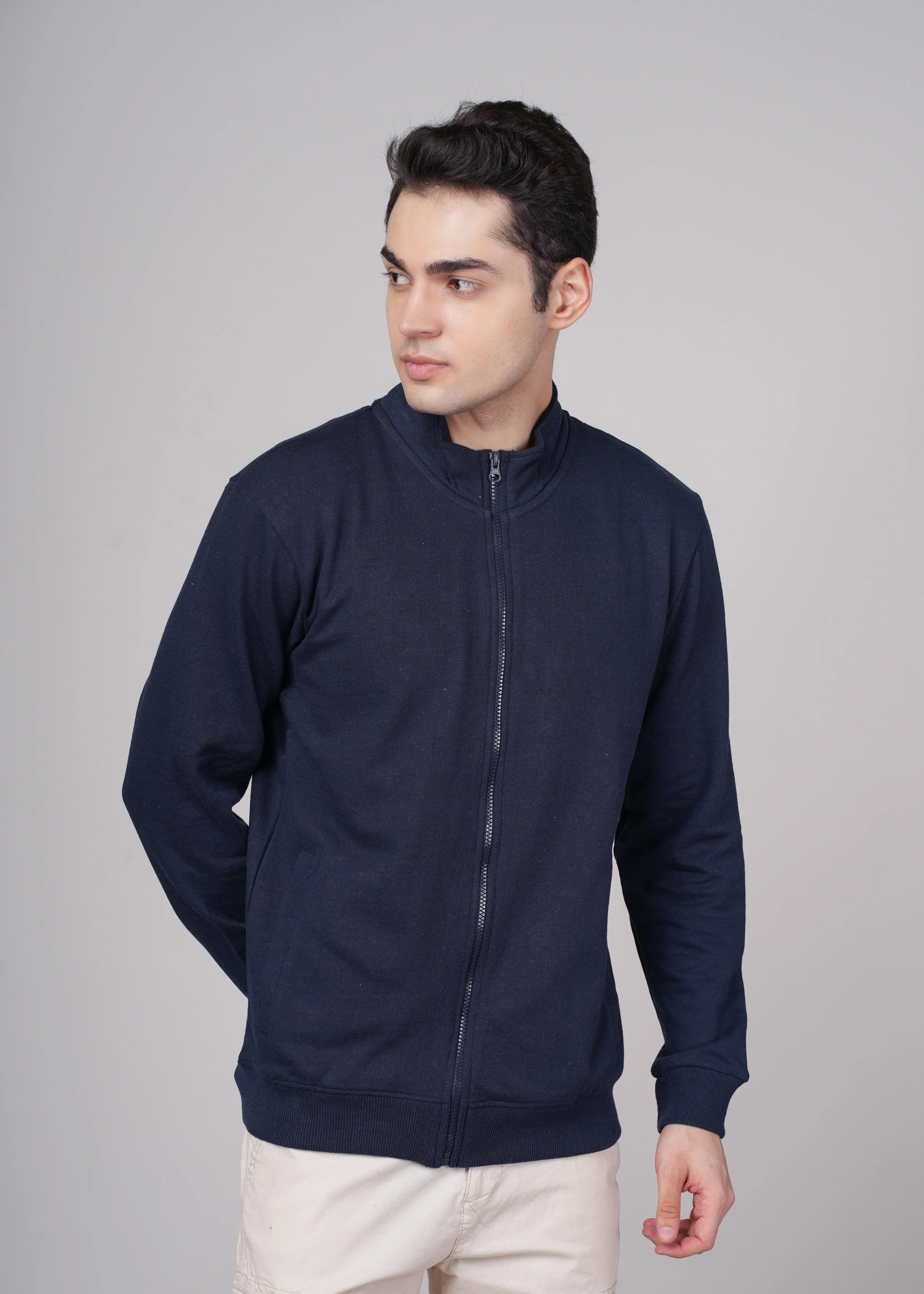 Men Navy Blue Cotton Regular Jacket - Image 2