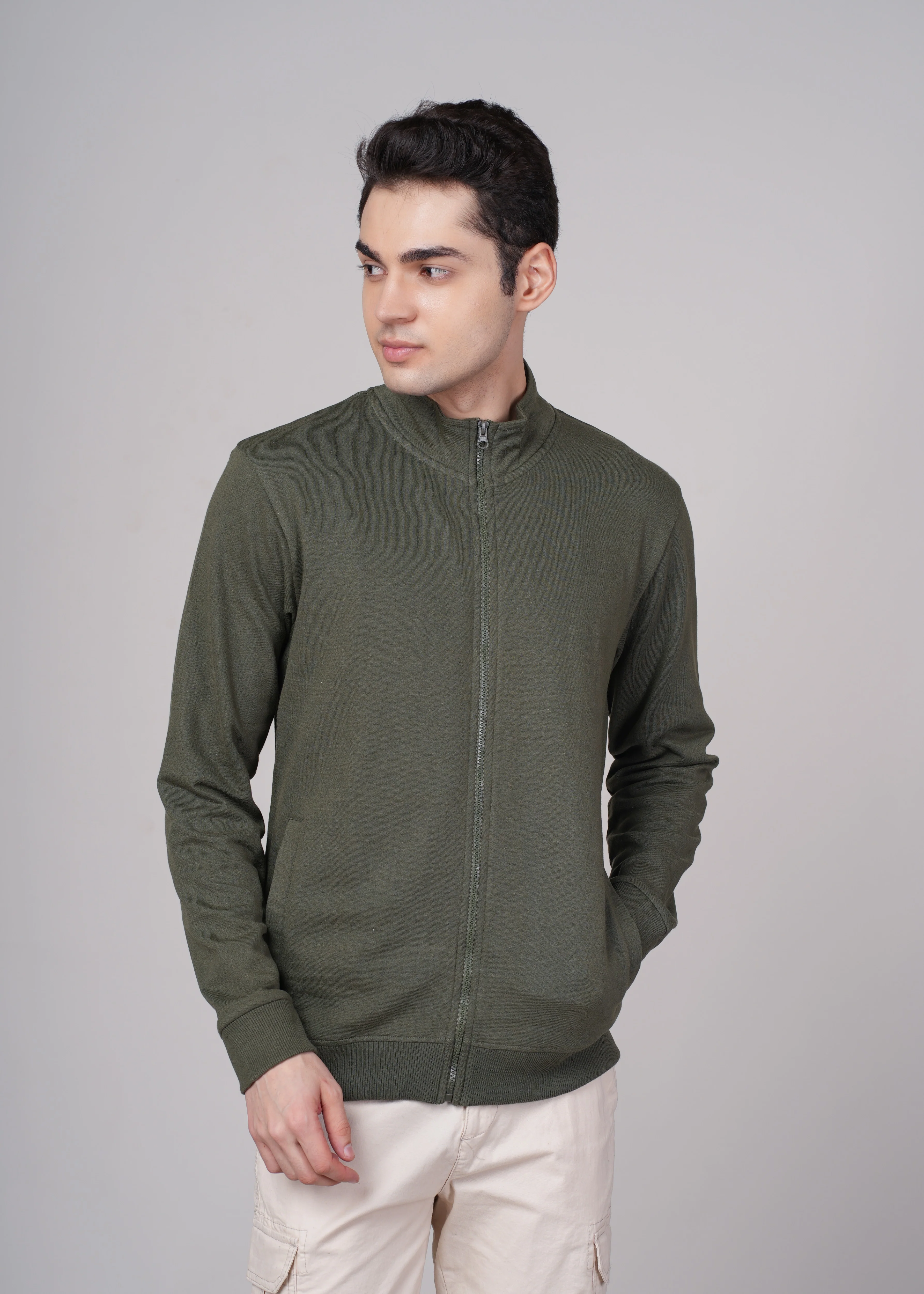 Men Olive Cotton Regular Jacket - Image 3