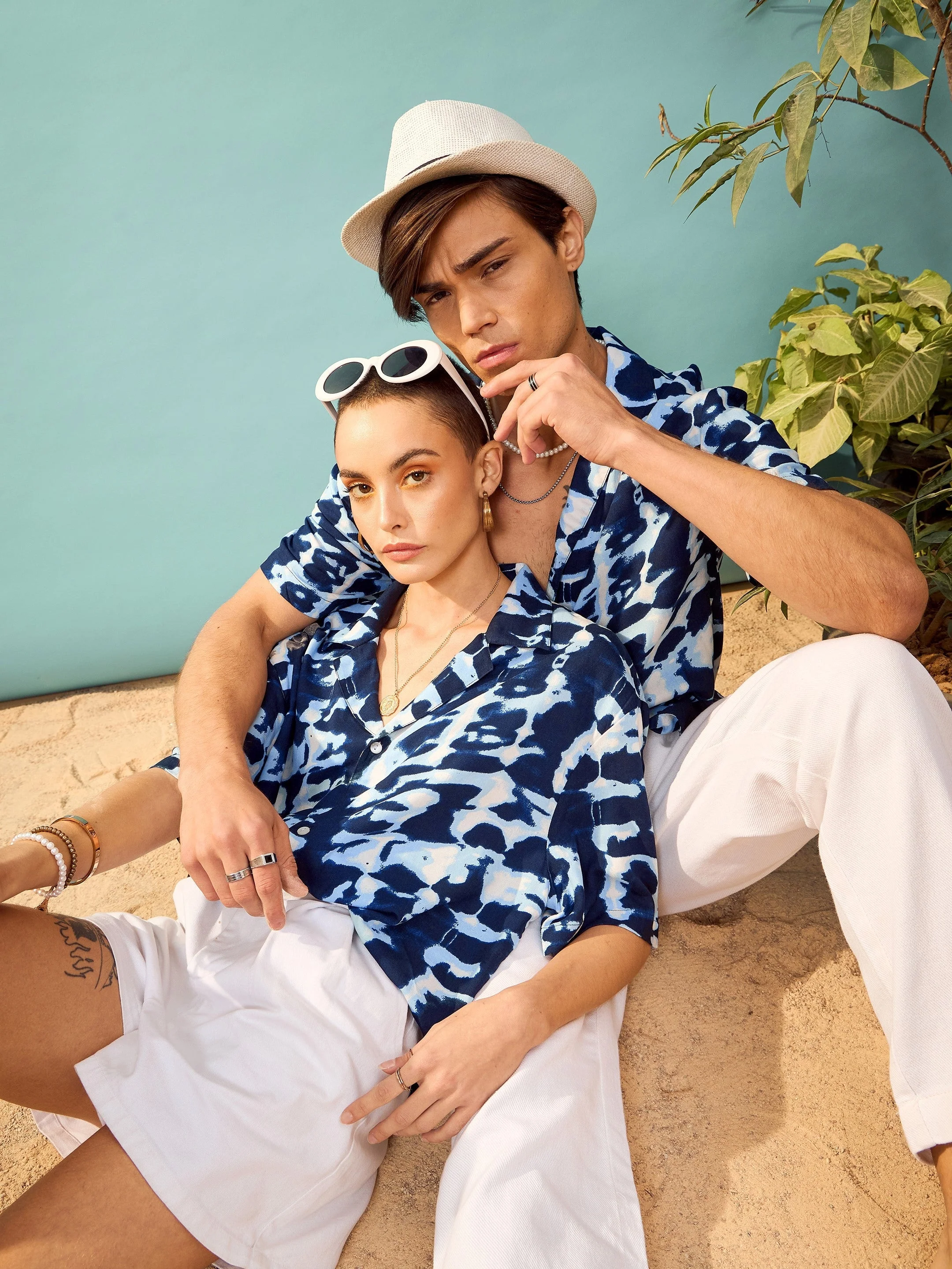 Unisex Navy & White Abstract Printed Relax Fit Shirt