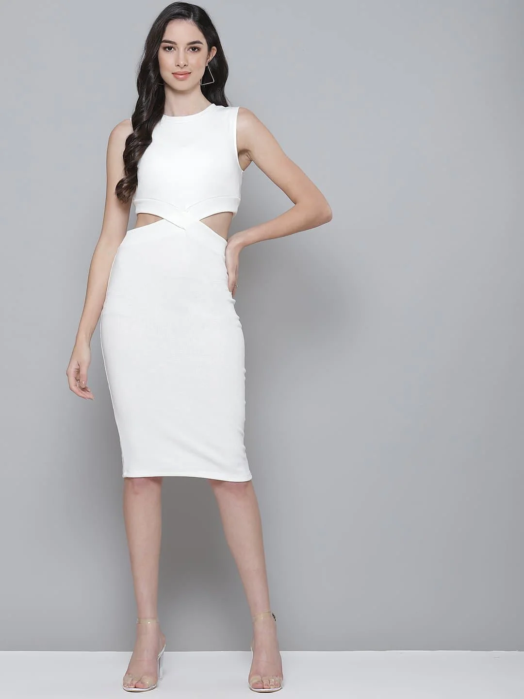 Women White Rib Side Cut-Out Bodycon Dress