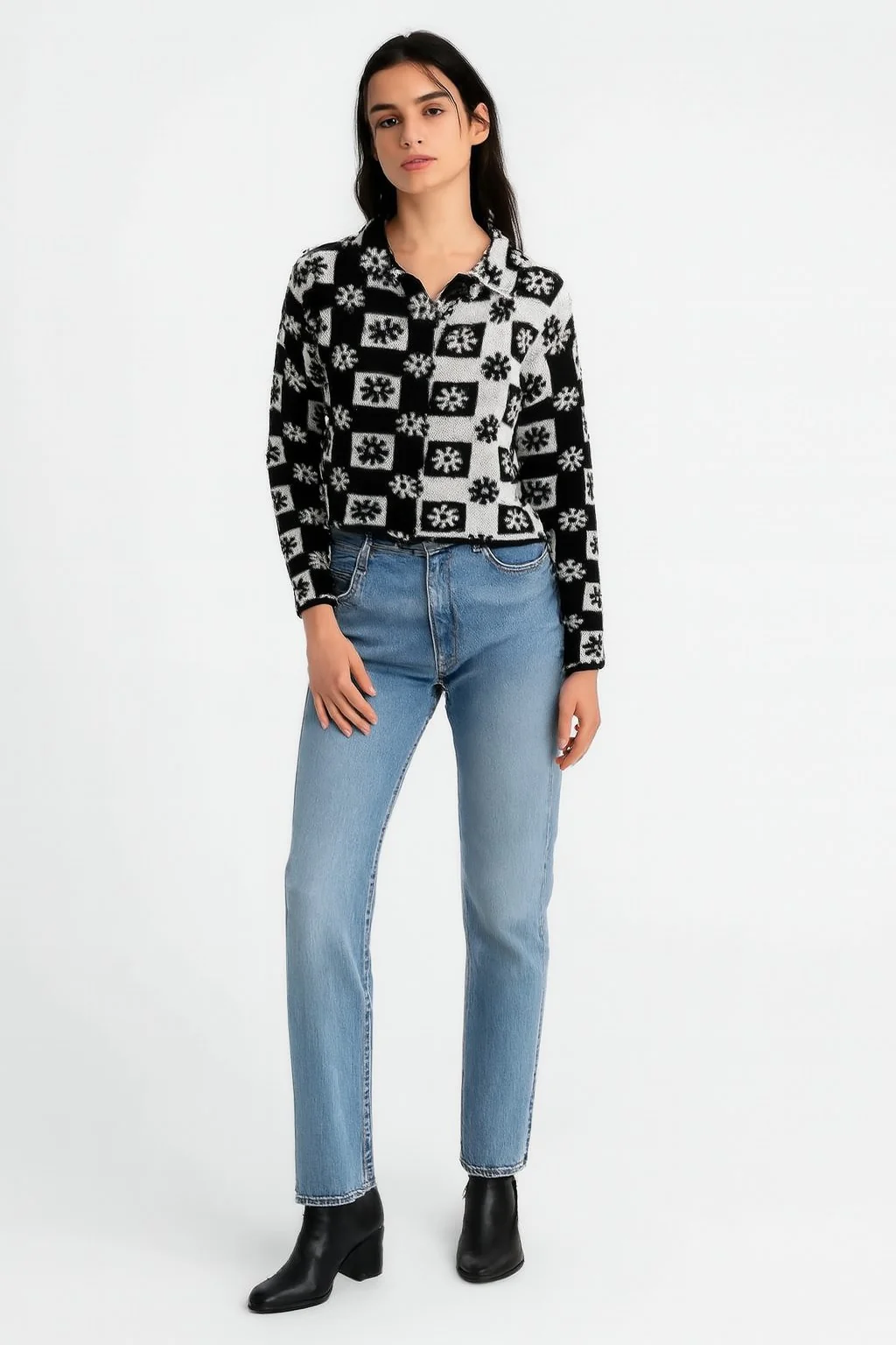 Women Acrylic Full Sleeve with Black Checked Floral Knit Cardigan - Image 2