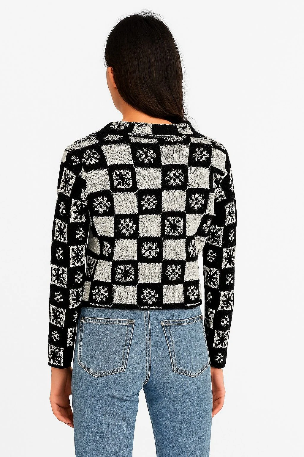 Women Acrylic Full Sleeve with Black Checked Floral Knit Cardigan - Image 4