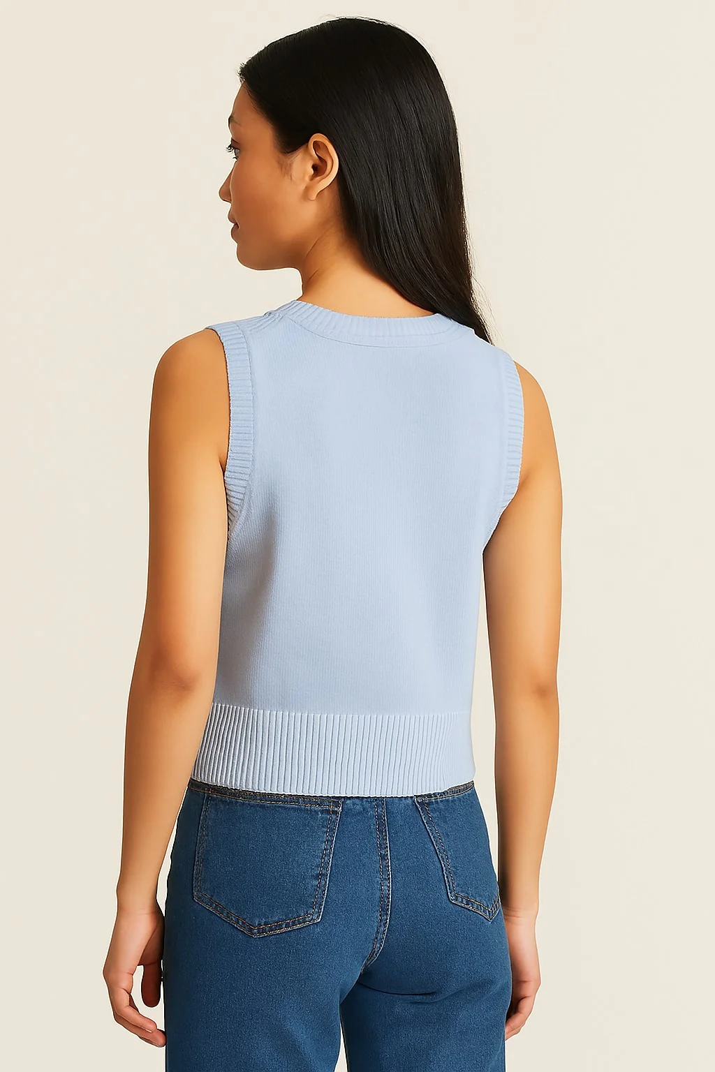 Women Acrylic Sleeveless with V-Neck Blue Solid Sweater Vest - Image 4