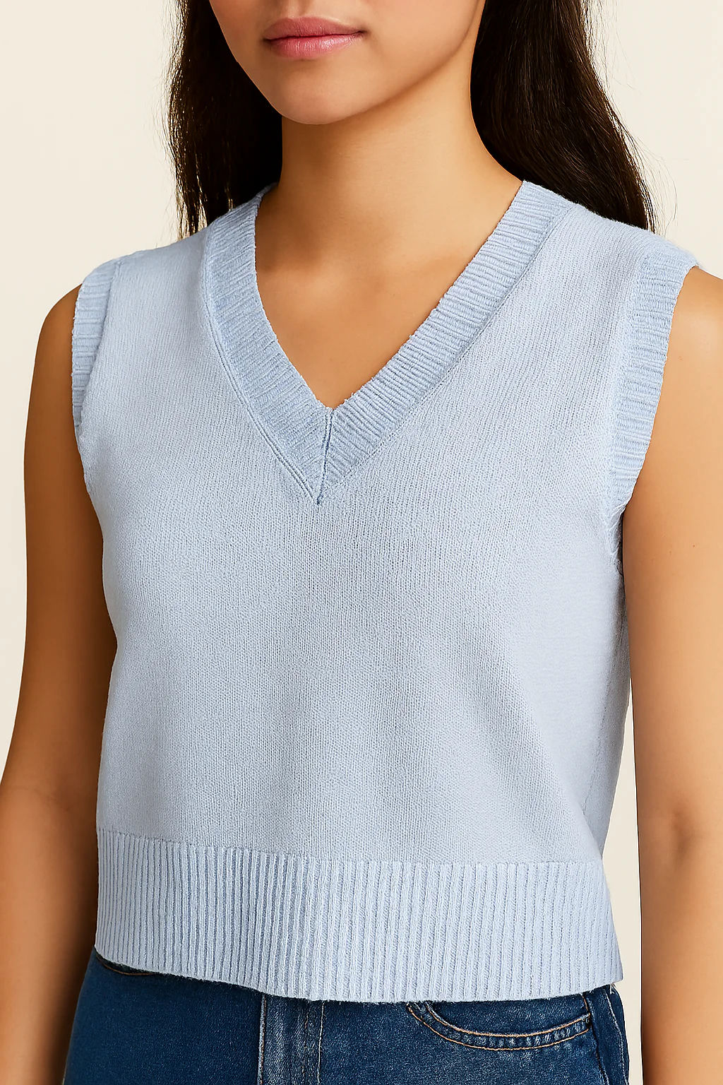 Women Acrylic Sleeveless with V-Neck Blue Solid Sweater Vest - Image 5