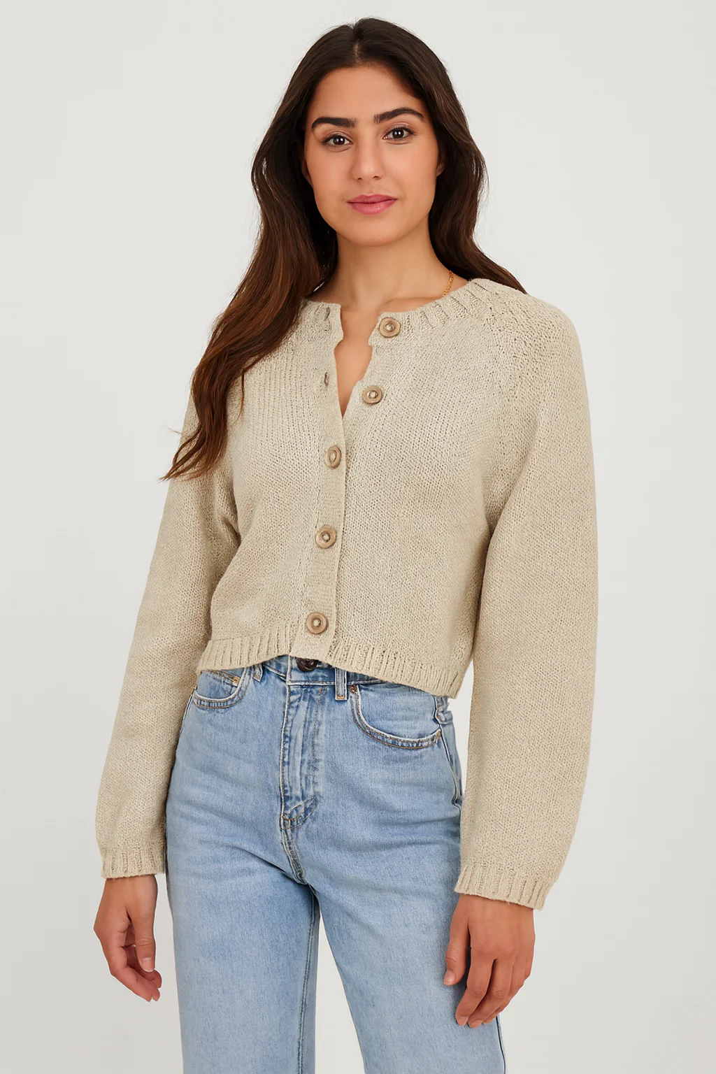 Women Beige Acrylic Button-Down Cardigan - Image 5