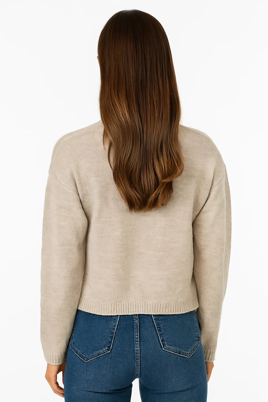 Women Beige Acrylic V-Neck Knitted Cardigan - Image 2