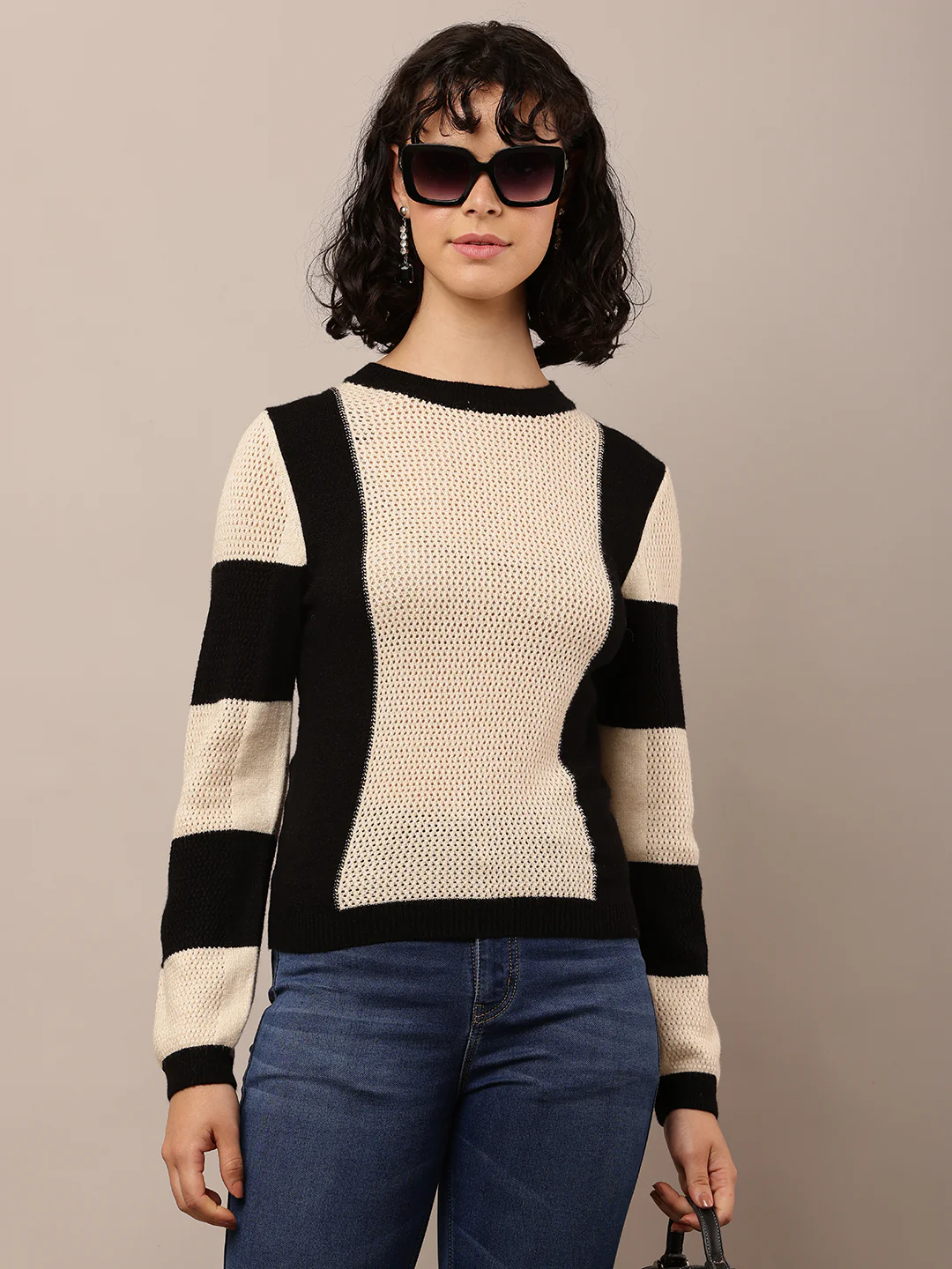 Women Beige & Black Viscose Round Neck Sweater