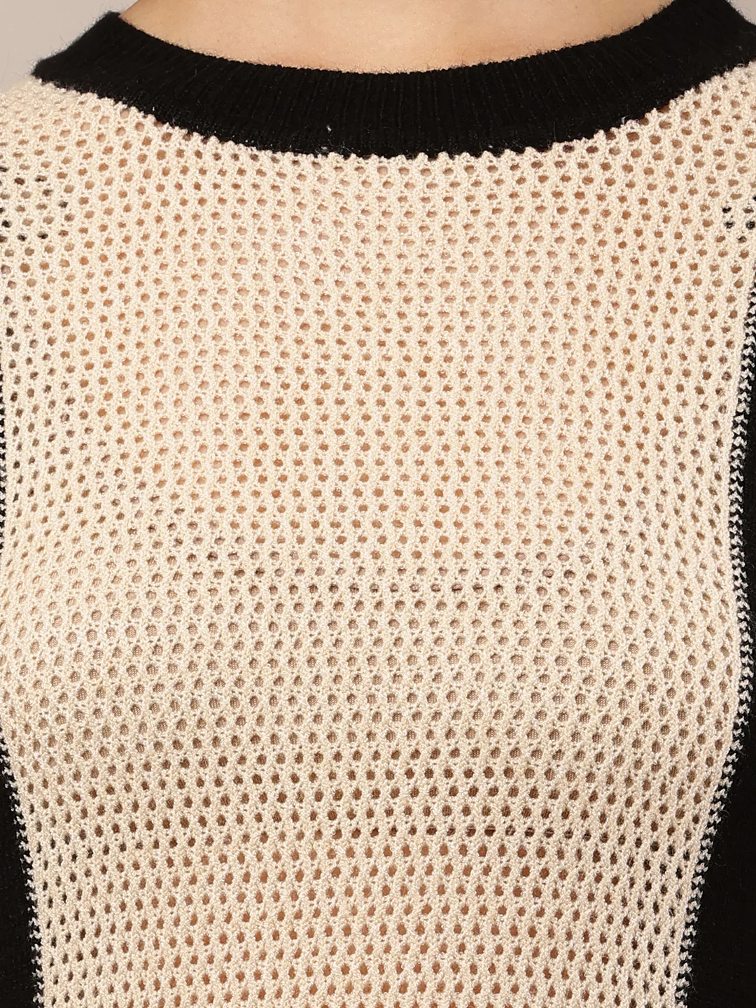 Women Beige & Black Viscose Round Neck Sweater - Image 5