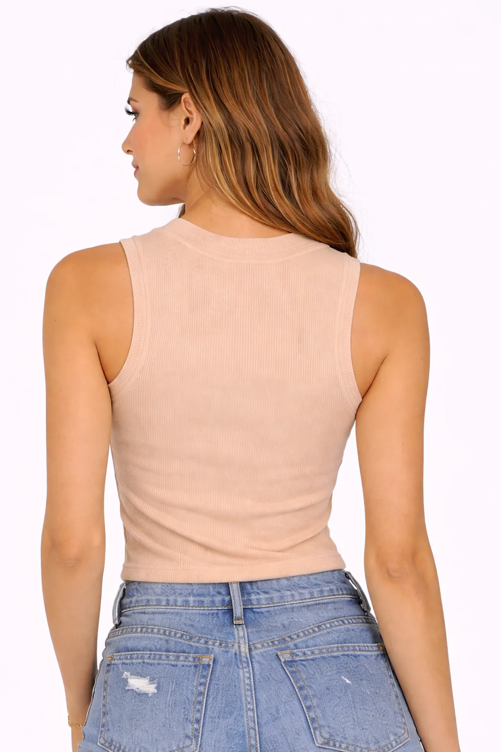 Women Beige Cotton Ribbed Sleeveless Top - Image 4