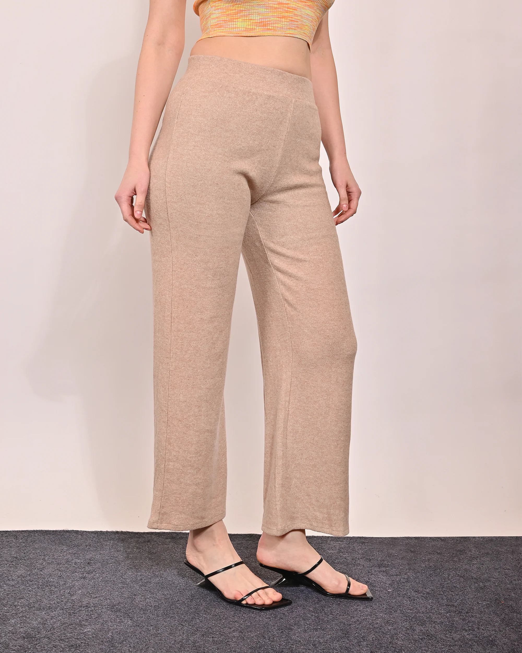 Women Beige Flared Fleece Pants - Image 2