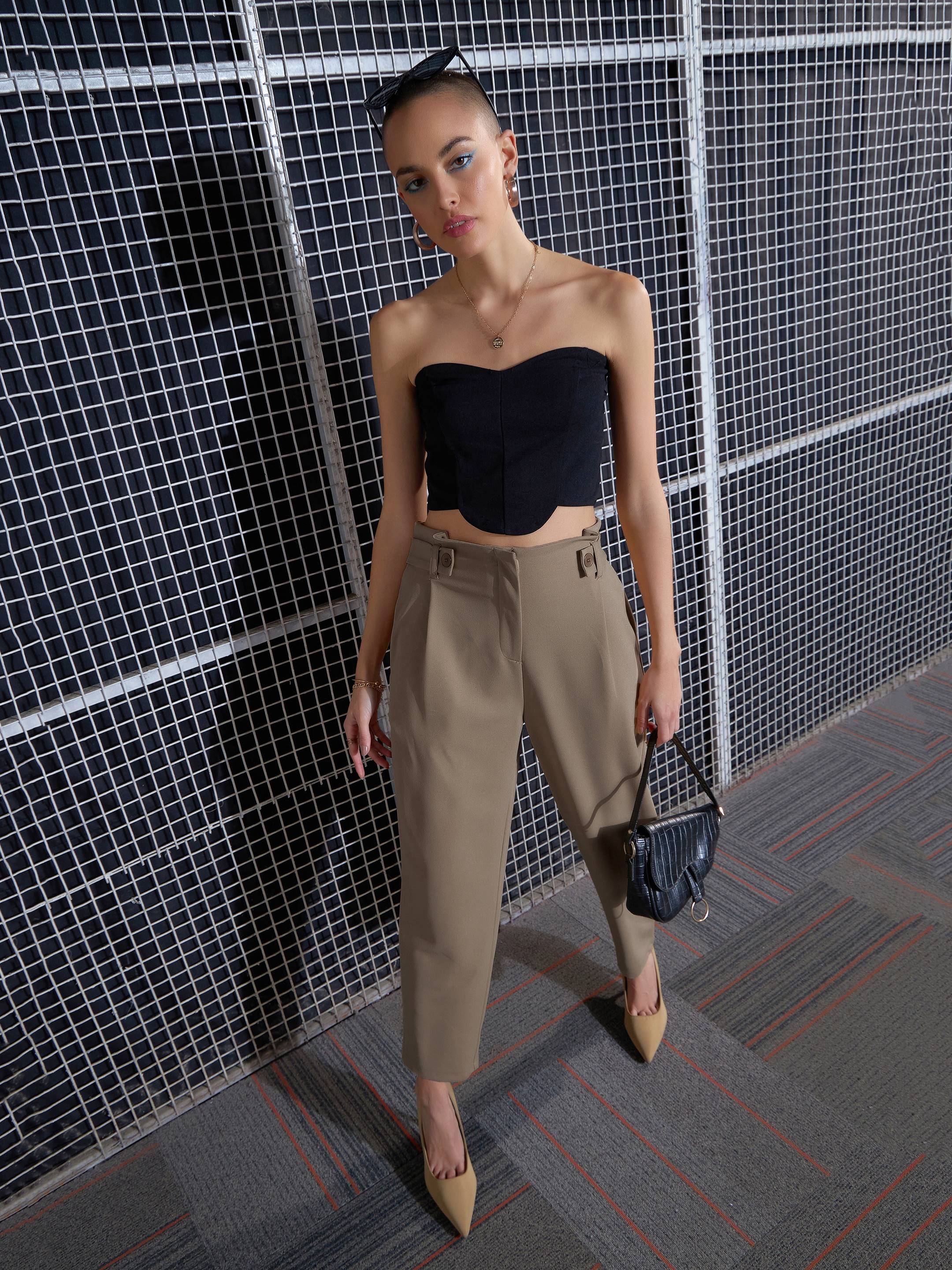 Women Beige Front Button Paperback Waist Pants - Image 2