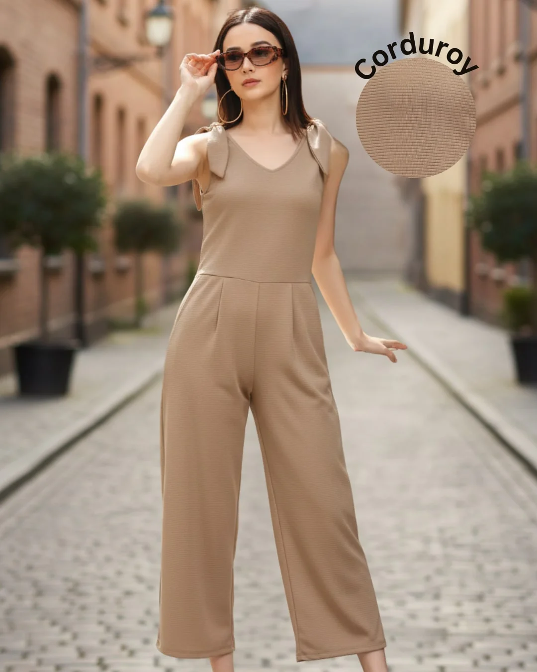 Women Beige Poly Corduroy Jumpsuit