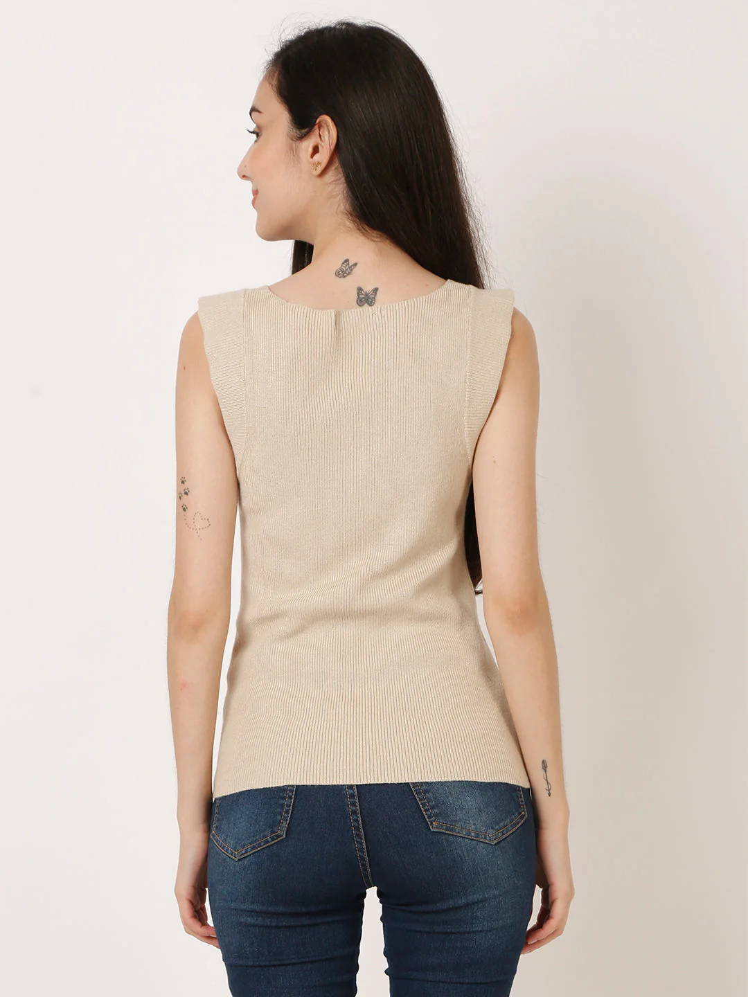 Women Beige Ribbed Top - Image 4