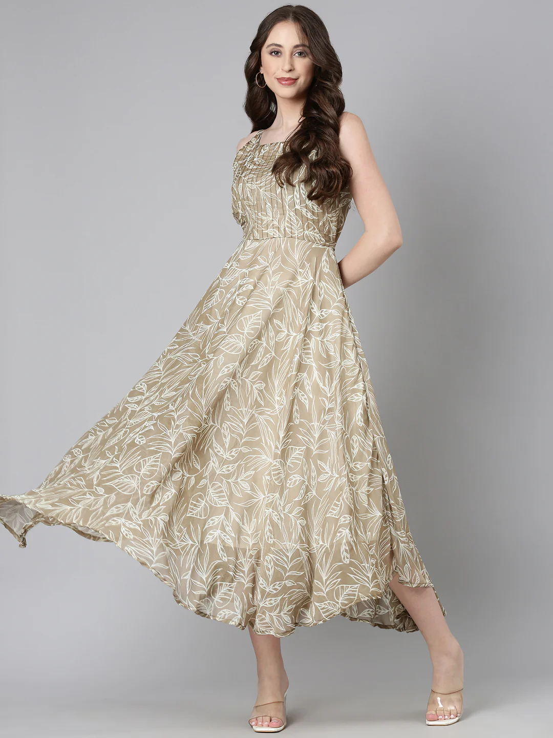 Women Beige Floral Chiffon Dress