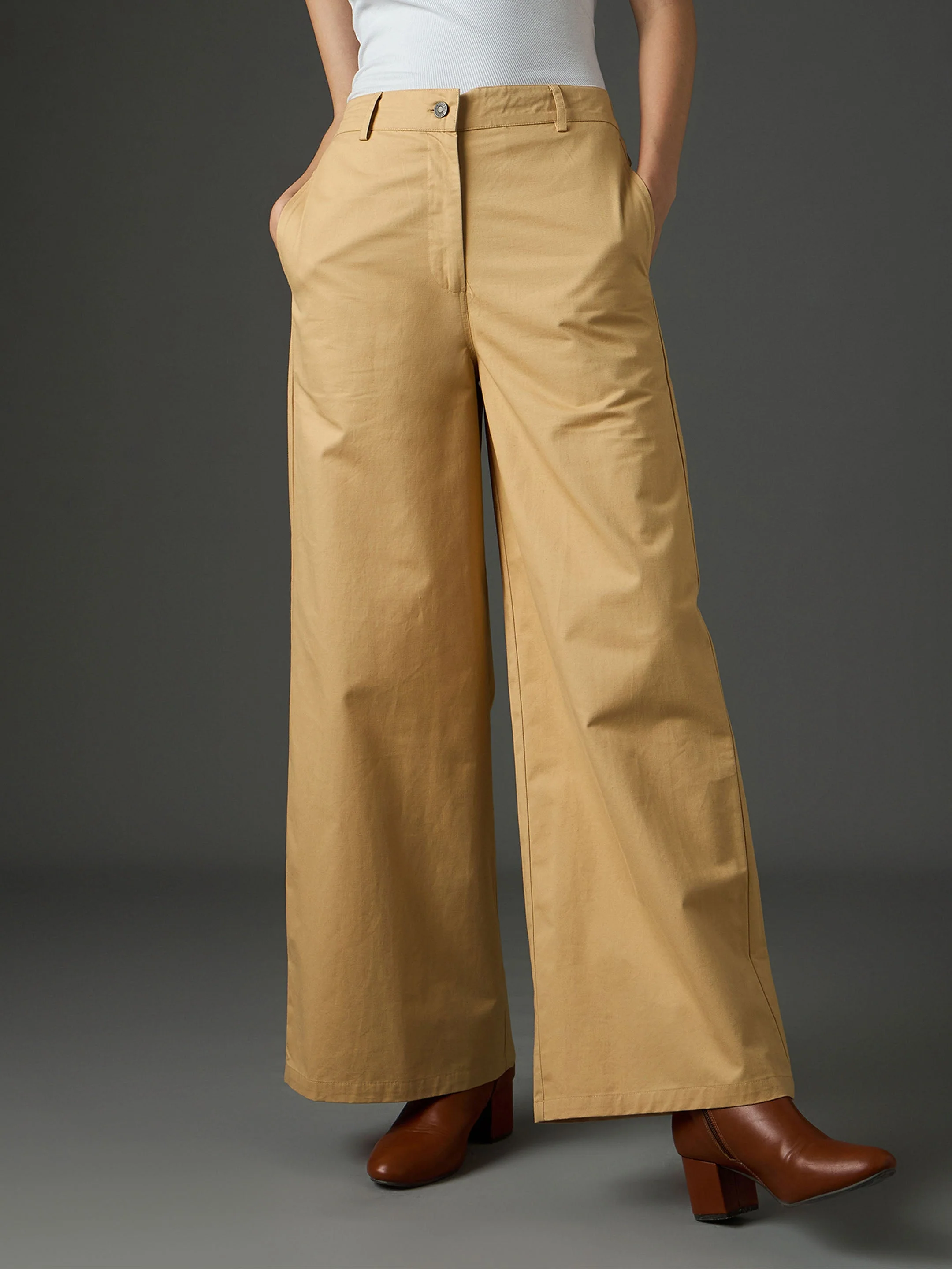 Women Beige Twill Flared Pants