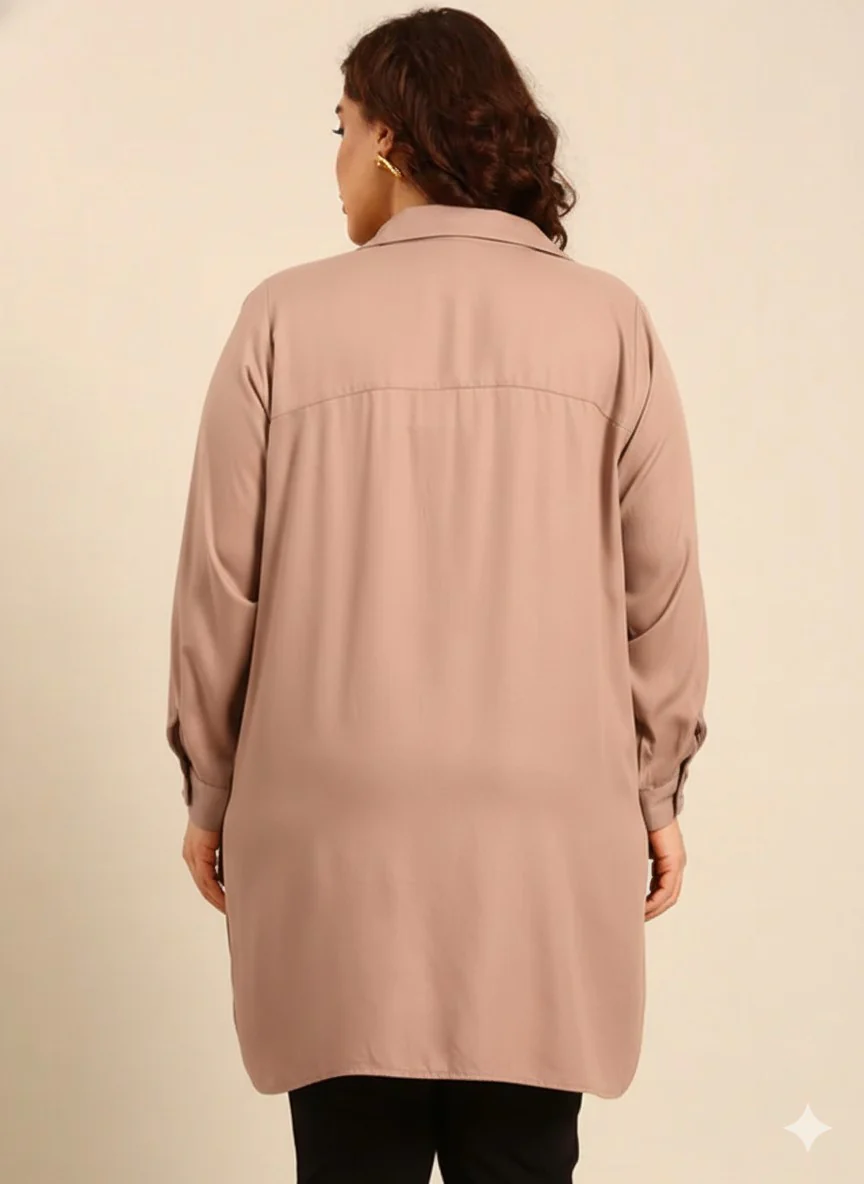 Women Beige Twill Long Line Shirt - Image 2